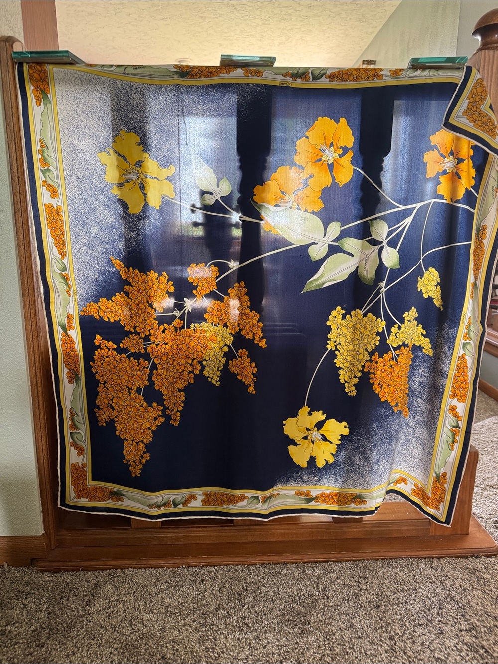 Navy Satin Floral Wrap Scarf with Yellow Blossoms